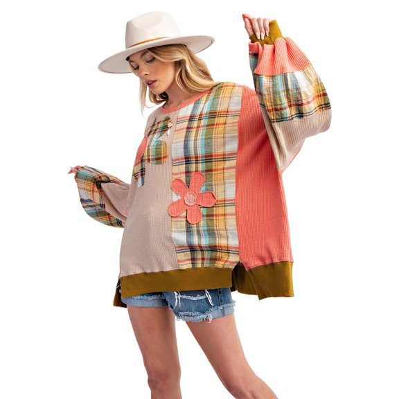 Women's Multicolour Waffle Knit Plaid Patchwork Sweatshirt with Side Slits | [ZhiHiMeRi] | (US 12-14)L