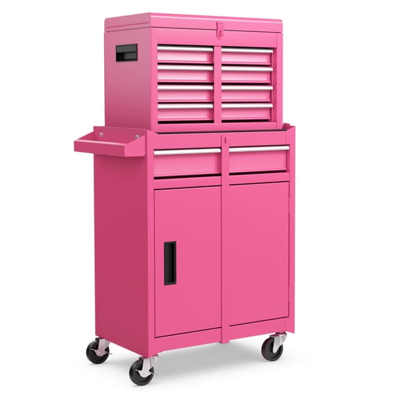 Pink 2-in-1 Rolling Tool Chest with 5 Sliding Lockable Drawers, 2 Trays, Bottom Cabinet, Steel