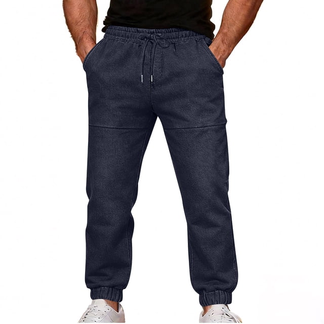 Ceisia Men's Solid Color Drawstring Faux Denim Joggers Casual Stretch Trousers with Pockets Navy M Gifts