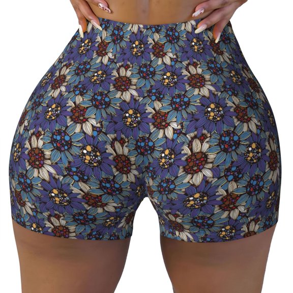 Xecao Boho Style Sunflowers Design Print Workout Shorts for Women Soft Smooth Gym Yoga Scrunch Active Tennis Workout Running Shorts