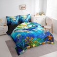 thumbnail image 2 of Castle Fairy Stained Glass Whale King Bedding 7pcs,Jellyfish Coral Underwater Tile King Bed in a Bag,Cyan Navy,Black Reversible, 2 of 7