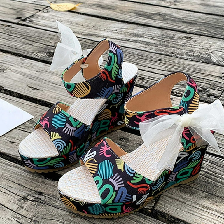 Womens Cute Wedge Sandal Summer Platform Sandals Wedges Bow Graphic Print Ankle Strap Open Toe High Heels Sandals Walmart