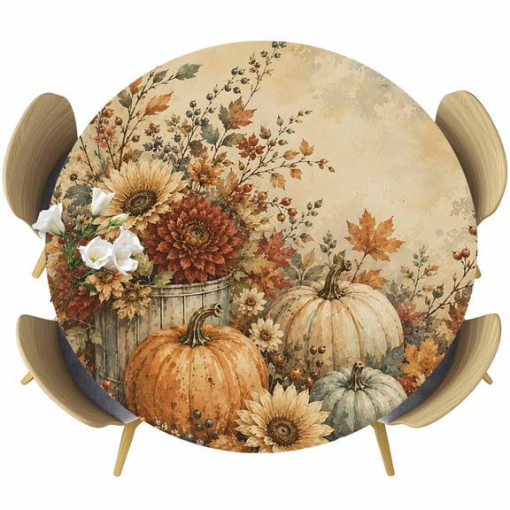 Round Table Cover 36-44 Inch Retro Pumpkins Fall Waterproof Reusable Table Cloth Round Fitted Vinyl Tablecloth with Elastic Edged for Parties Outdoors, Thanksgiving Chrysanthemum Leaves