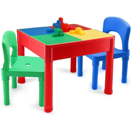 kids activity table and chair set - 3 in 1 kids table - water table, building block table, play & arts & crafts table, with storage space - includes table and 2 chairs (activity table and 2 chairs)