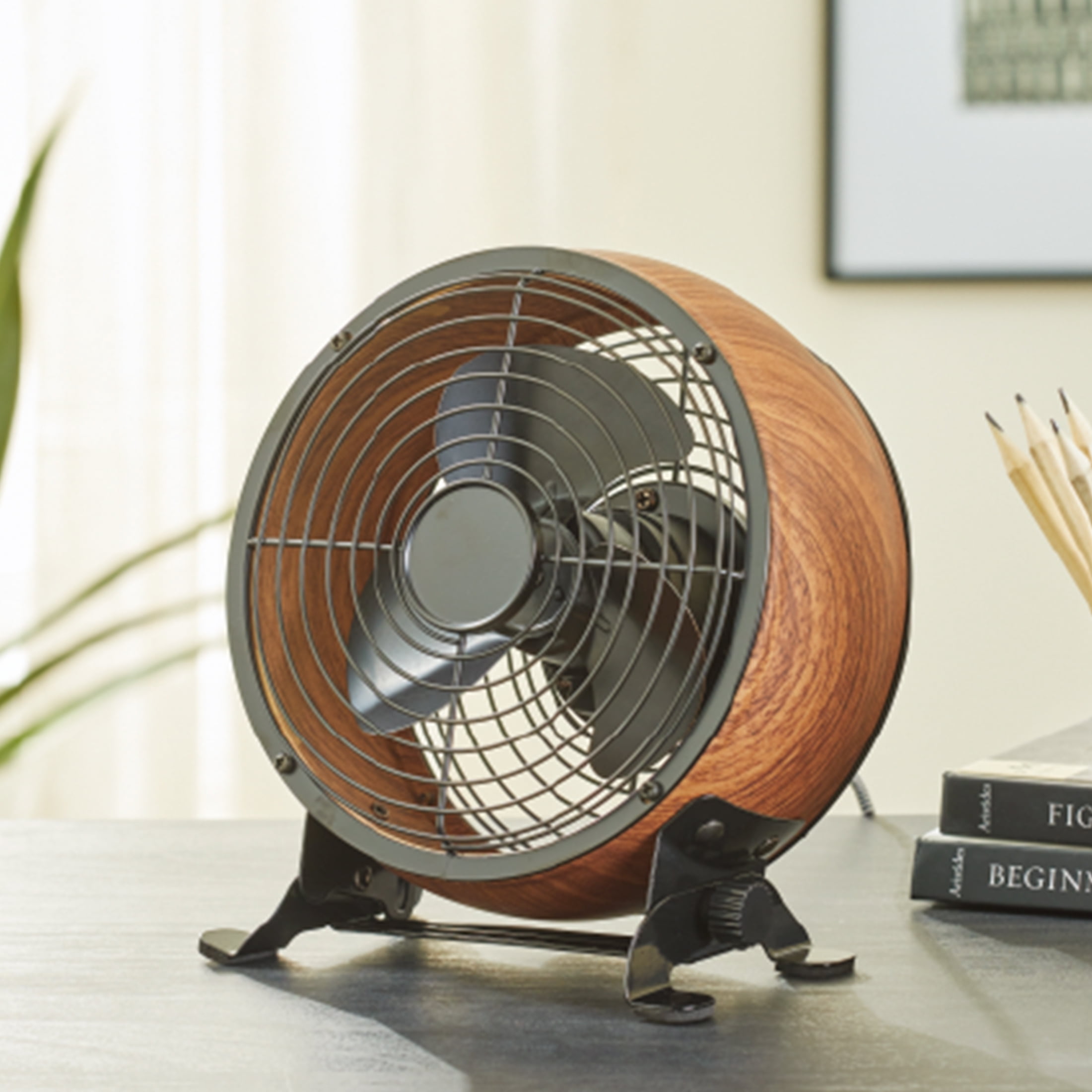 Better Homes & Gardens 5” Retro Small Fan with 3 Speed Settings, USB-C Plug, Adjustable Tilt, Vintage Fan for Home and Bedroom, Wood Grain
