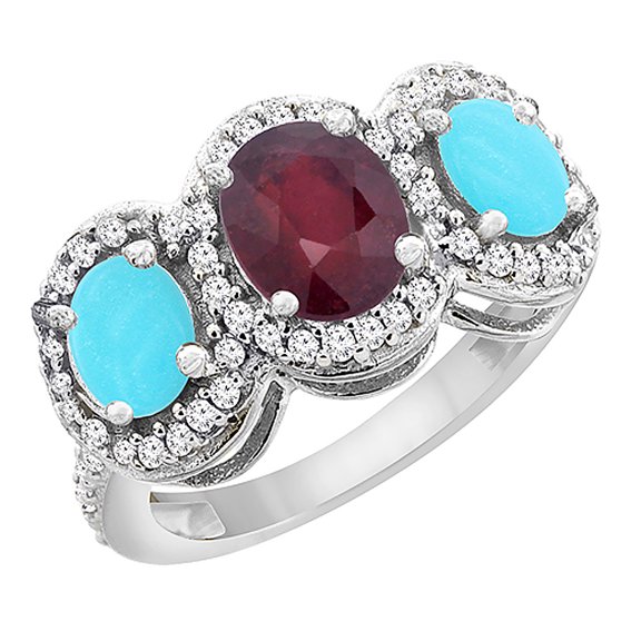 14K White Gold Natural Quality Ruby & Turquoise 3-stone Mothers Ring Oval Diamond Accent, size 5