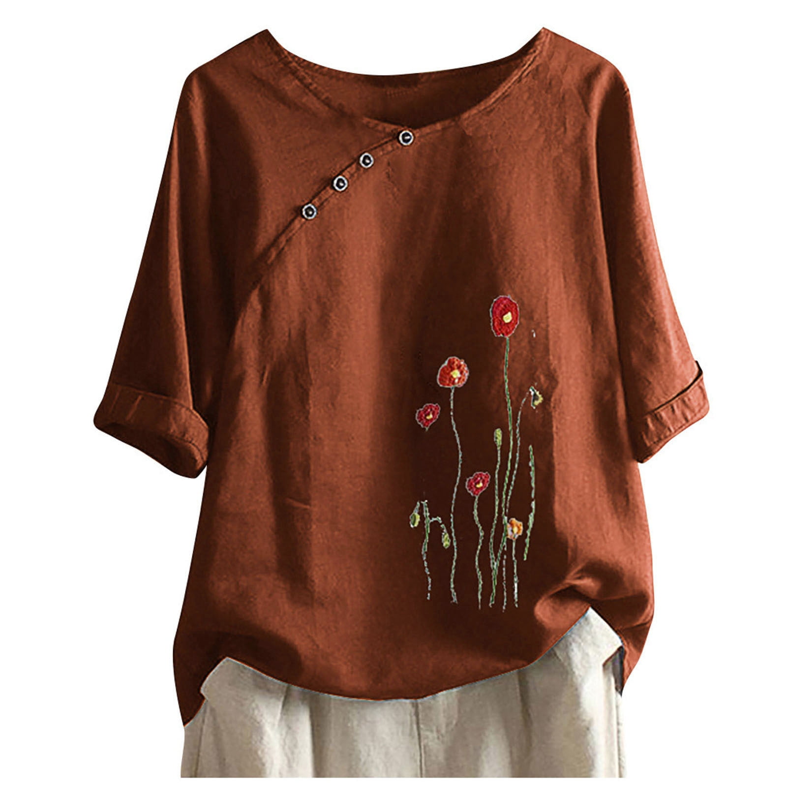 Women Summer Cotton Linen Tshirt Tops Casual Loose Fit Trendy Flowers Tunic Tee Short Sleeve Plus Size Button Blouse 
