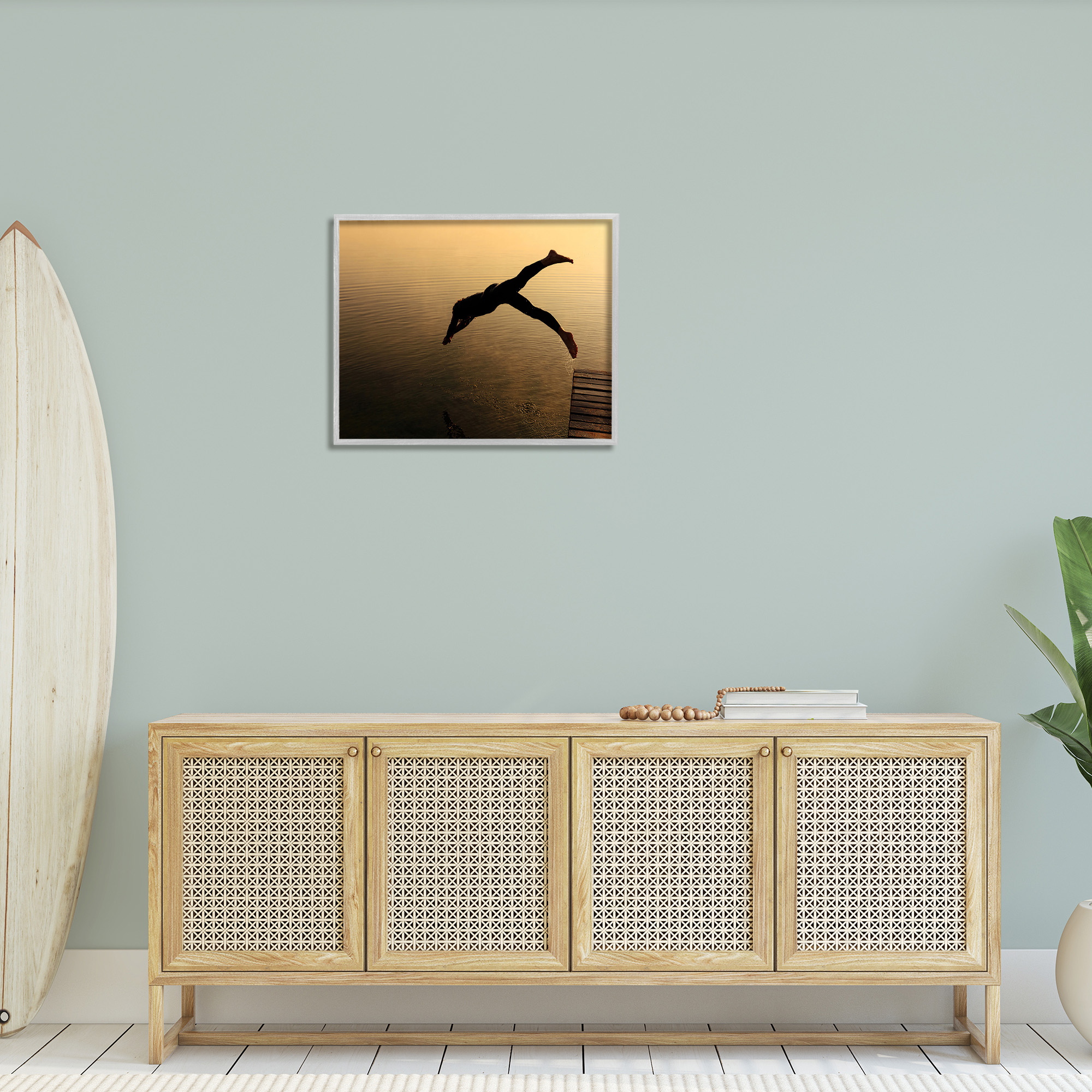 Stupell Industries Diving Off Dock Silhouette Novelty Photography Gray Framed Art Print Wall Art, 30 x 24