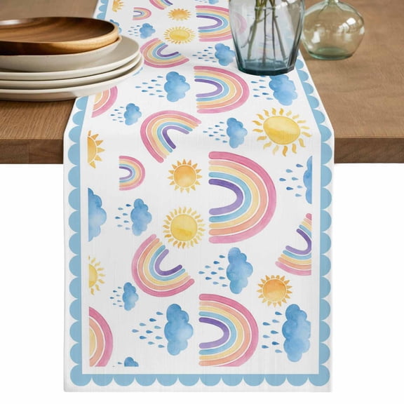 Rainbow Sunshine Table Runner 60 Inches, Rainy Cute Blue Border Bed Runner Dresser Scarves Tabletop for Indoor Outdoor Parties/Ceremony/Banquet, 13" x 60"