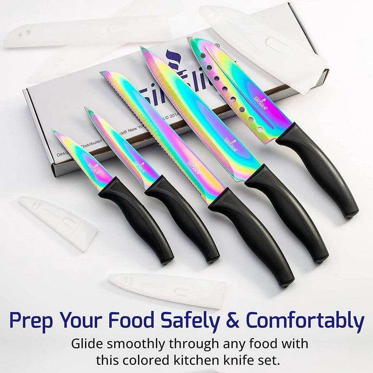 SiliSlick Kitchen Knife Set Professional, Titanium Coated Stainless Steel Blades, Dishwasher Safe, Safety Sheaths, 5 Knives