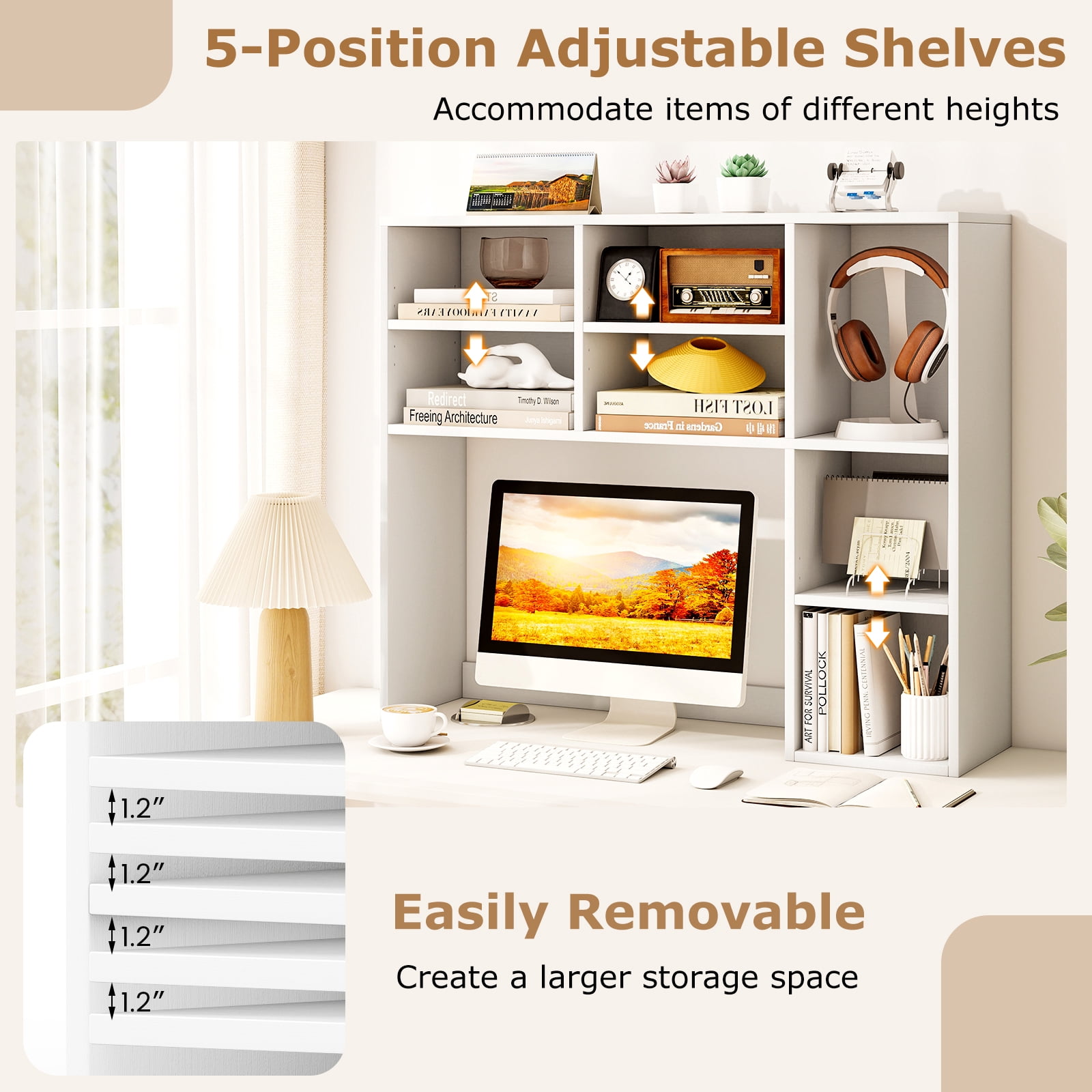 Topbuy Desktop Bookshelf 37" Countertop Storage Hutch with 7 Cubes & 3 Adjustable Shelves 3-Tier Desk Display Rack Organizer Desktop Hutch White