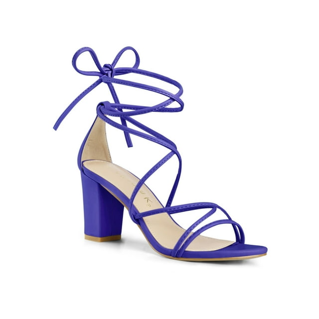 BLISSFUL STEP Chaussures pour Femmes à Bout Ouvert à Lacets Talon Bloc Sandales à Brides Bleu Foncé 9