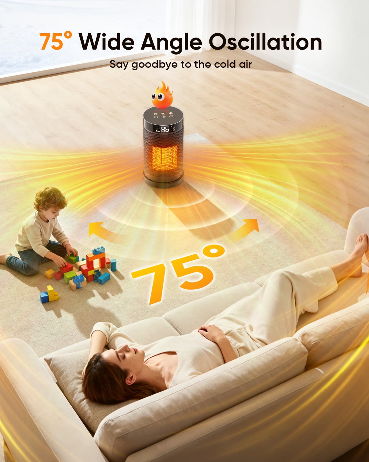 AIRFIRE Space Heaters for Home, 1500W Portable Heaters for Inside, 75° Oscillation,  24H Timer, PTC Ceramic Electric Heater with Thermostat for Inside, Office