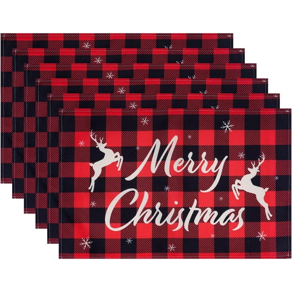 Set of 6 Christmas Placemats Waterproof Snowflake Elk Merry Christmas Table Mats Buffalo Plaid Non-Slip Place Mats for Xmas Party Dining Table Home Decor