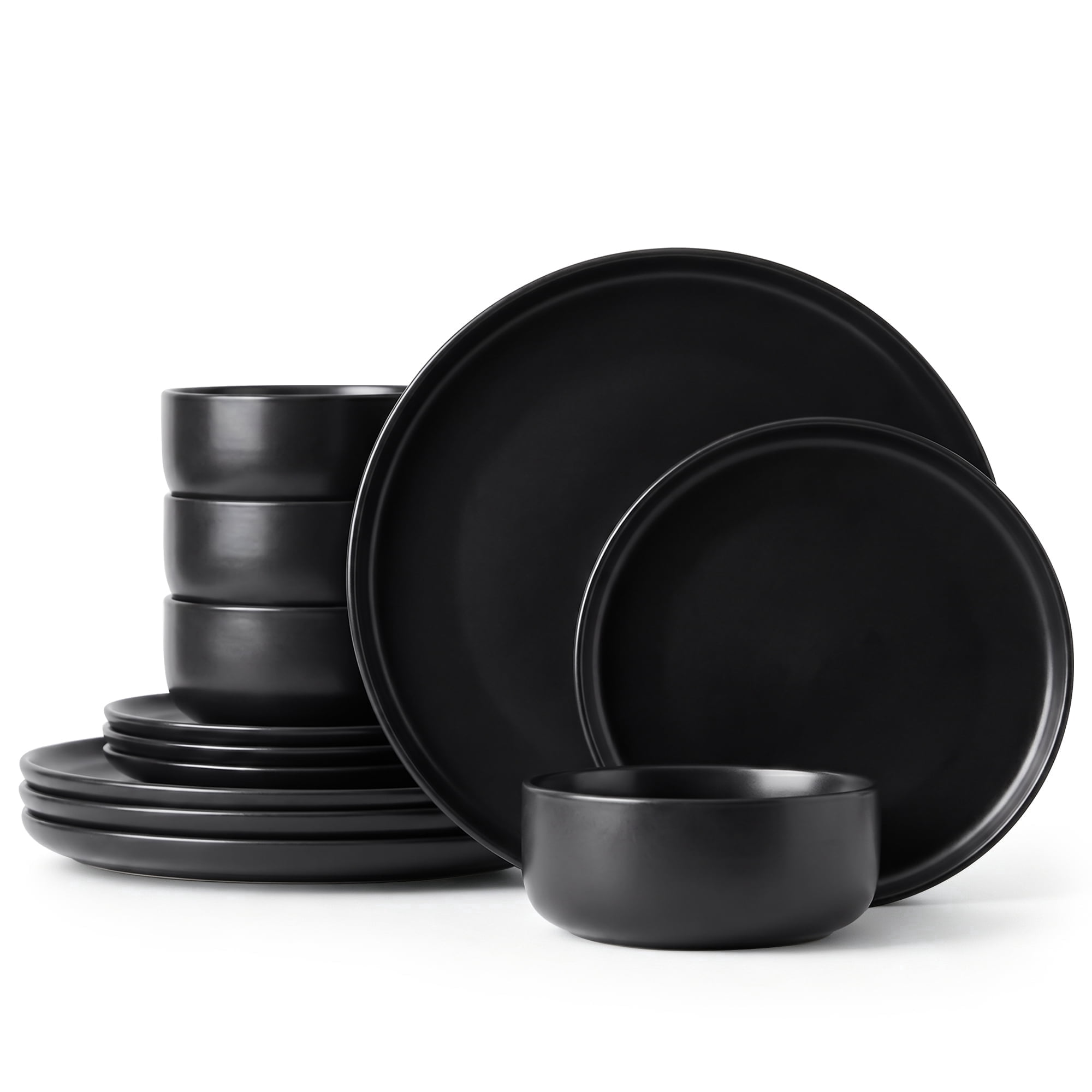 Onader 12 Piece Dinnerware Sets, Plates and Bowls Set for 4, Premium Stoneware Dishes Sets for Home Restaurant, Dishwasher & Microwave Safe - Matte Black