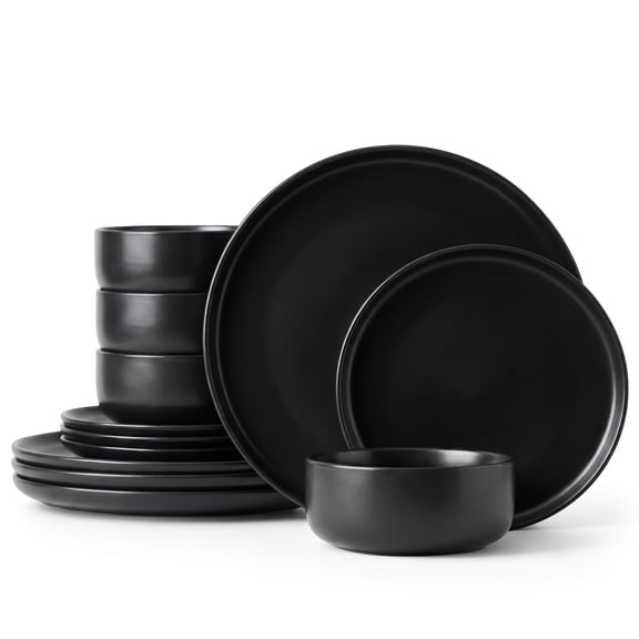 Onader 12 Piece Dinnerware Sets, Plates and Bowls Set for 4, Premium Stoneware Dishes Sets for Home Restaurant, Dishwasher & Microwave Safe - Matte Black