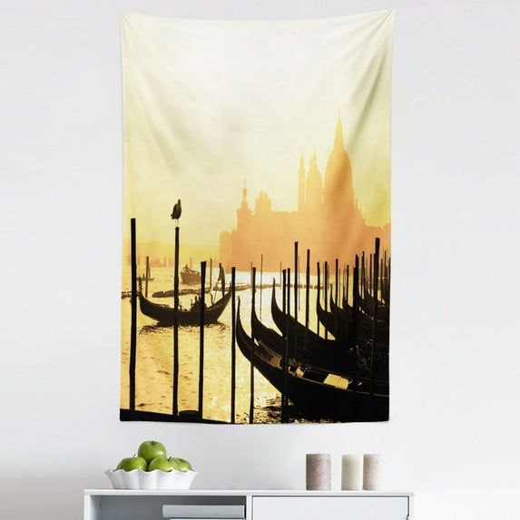 Venice Tapestry, Romantic Italian City at Sunrise Line of Gondolas Lagoon and Silhouette Image, Fabric Wall Hanging Decor for Bedroom Living Room Dorm, 5 Sizes, Mustard and Black, by Ambesonne