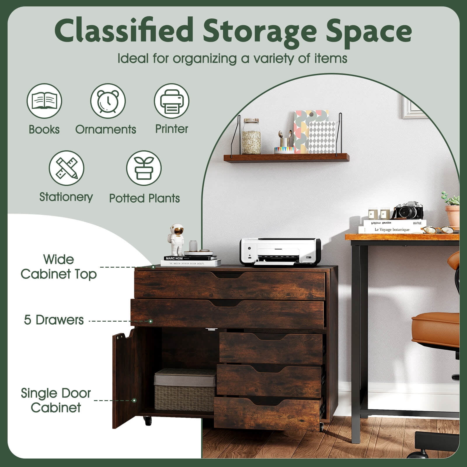 Costway 5-Drawer File Cabinet Mobile Chest of Drawers with Side Cabinet 5 Casters Brown