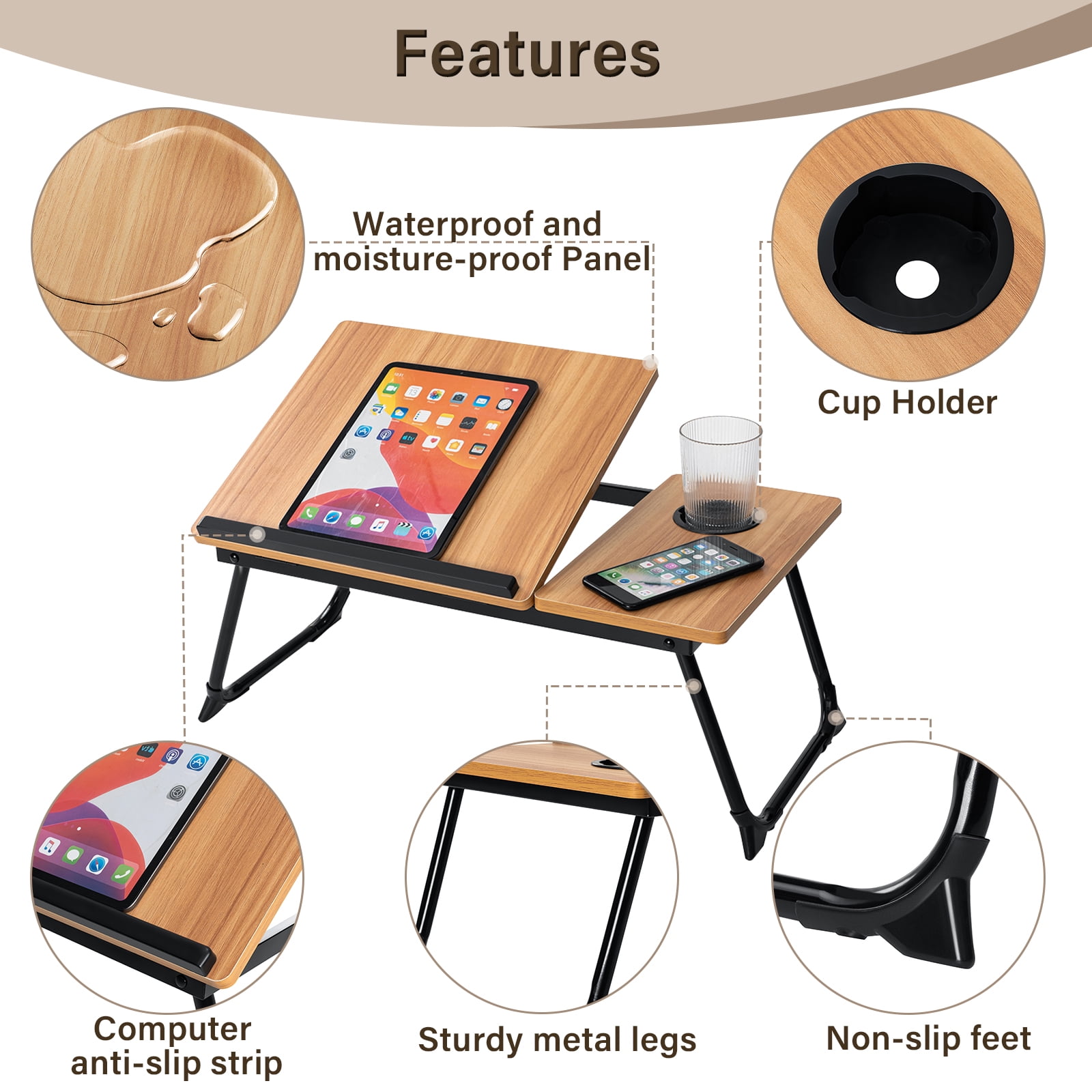 HONEIER Laptop Desk with 5 Adjustable Angles, Foldable Lap Desk with Cup Slot, Bed Desk Tray Table for Eating Reading Working on Bed Couch Sofa, Folding Lap Tray for Home Office, Bedroom