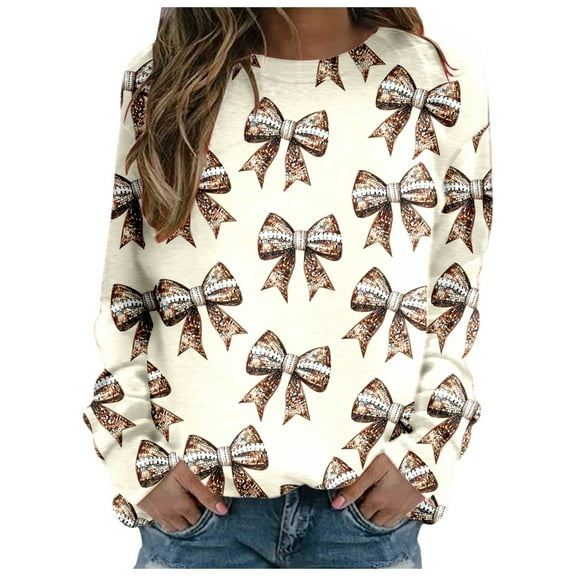 Fshinging Womens Sweatshirts Hoodies Full Bow Print Long Sleeve Crewneck Casual Lightweight Outfit