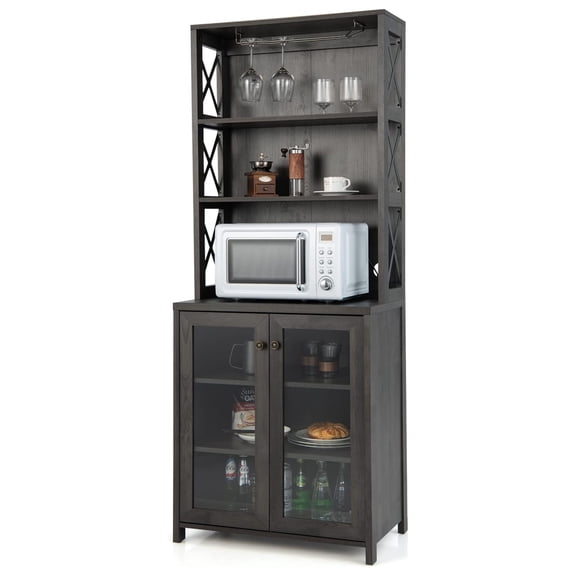 Kitchen Pantry Storage Cabinet, Farmhouse Buffet Hutch with Stemware Rack, Microwave Countertop & Tempered Glass Doors, 67.5" Freestanding Kitchen Hutch with Adjustable Shelf