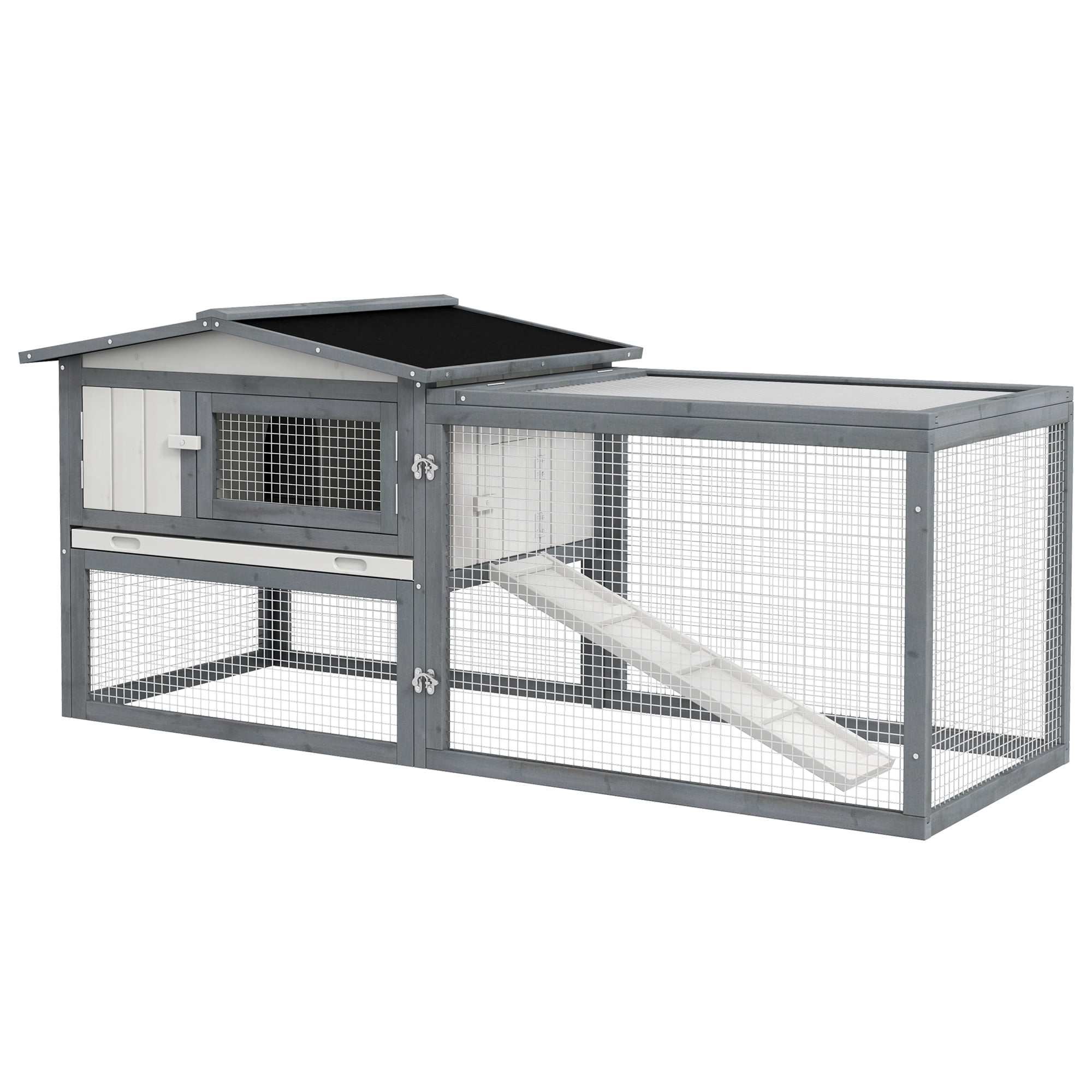 Ataucjin 2-Tier Rabbit Hutch, 61.4" Outdoor Large Wooden Rabbit Cage With Feeding Trough, Small Animal Enclosure With Sliding Tray, Ramp, Asphalt Roof