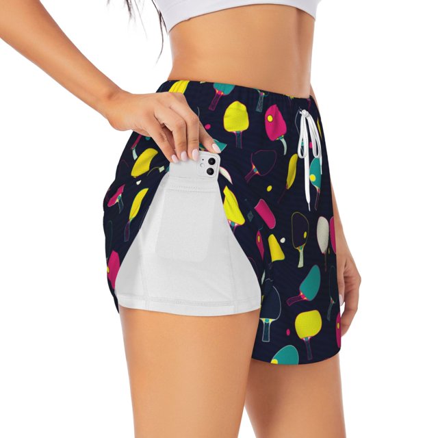 Sikiie Colorful Ping Pong Rackets for Women's Double Layer Sports Shorts with Drawstring, Lined, Pockets Yoga Gym Shorts-XX-Large