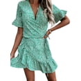 thumbnail image 1 of FASHIONWT Women V-Neck Tie Wrap Dress Short Sleeve Print Casual Dress, 1 of 4