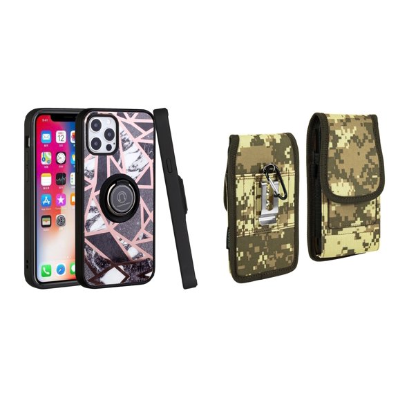 Bemz Ring Series Case for iPhone 14 (TPU Silicone Cover with Magnetic Stand) and Vertical Rugged Nylon Belt Holster Pouch (Black White Marble/Digital Camo)