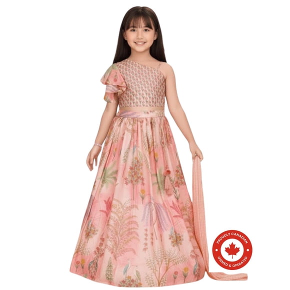 DWEEP SARA Elegant Peach Floral Printed Kids Lehenga Set, 2-3 Y(20)