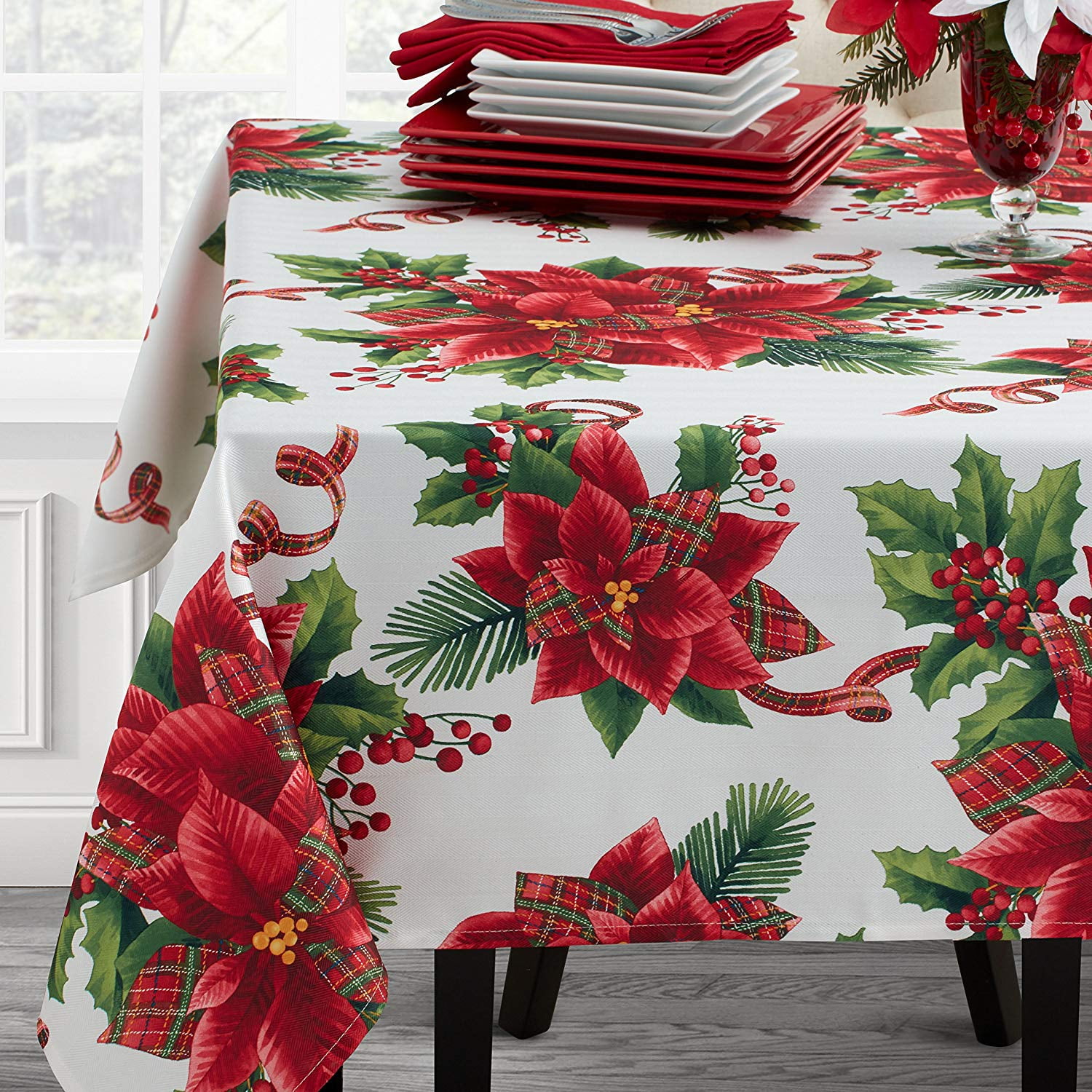 Benson Mills Printed Fabric Tablecloth Botanical Plaid with Christmas