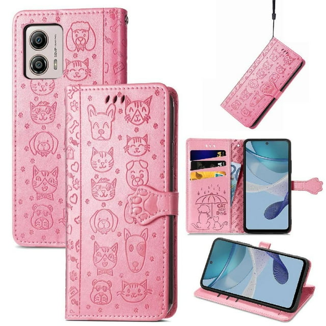 Funda Cartera FOXDOCK para MOTO G53 5G , Flip PU con Relieve de Gatos y Perros, Tarjetero y Soporte