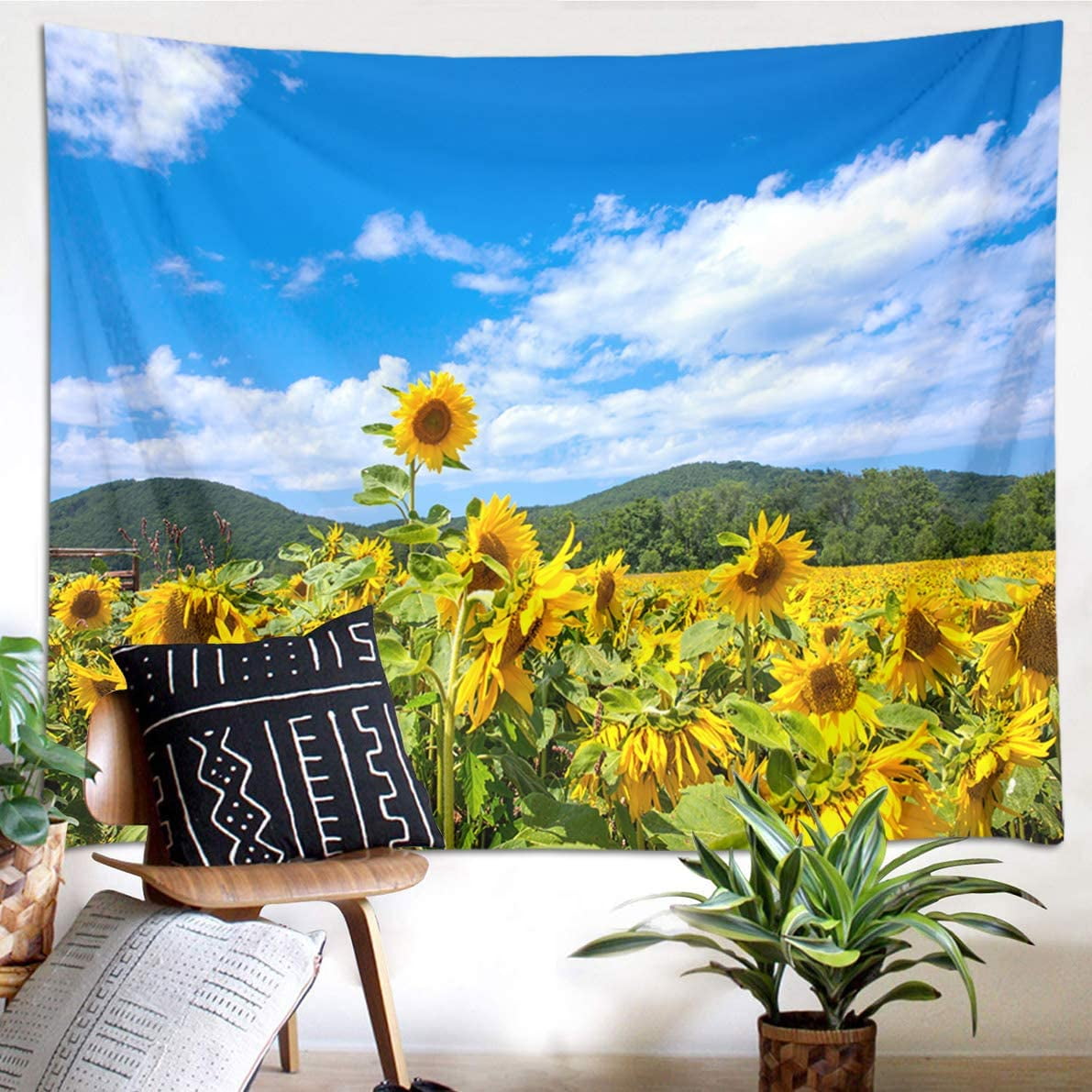 Sunflower Tapestry White Clouds Blue Sky Yellow Flower Field in Front of The Mountain Tapestries for Bedroom Living Room Dorm Wall Decor Dinning Tablecloth 60Wx40H inches Walmart