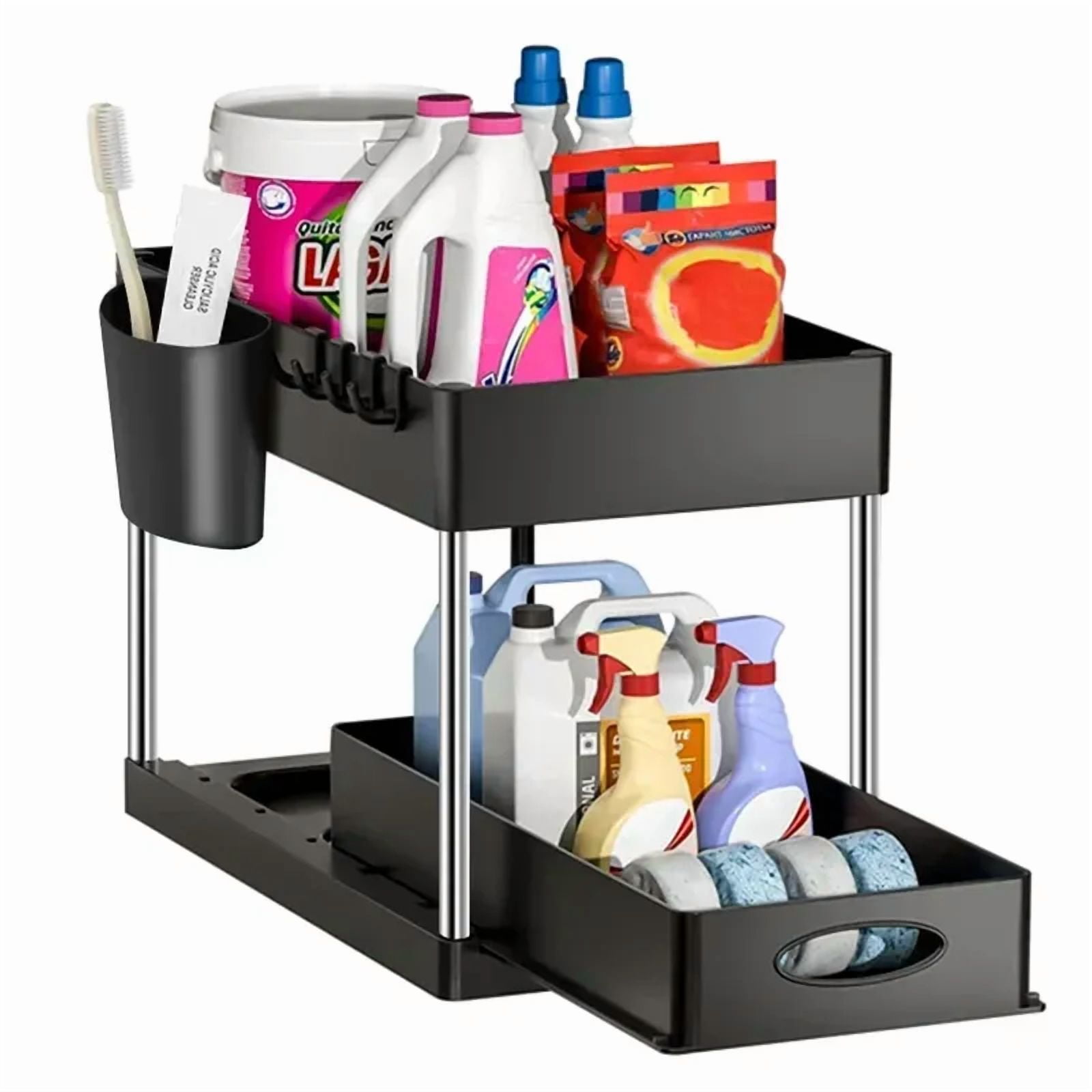 2 Tier Under Sink Organizer Sliding Cabinet Basket with Hooks Hanging Cup - New Bathroom Kitchen Space-Saving Rack