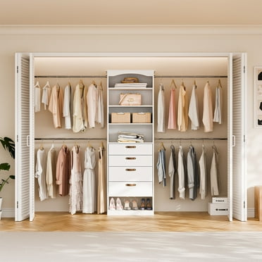 23.6"-149.6" W Modular Closet System, 2-12FT Walk-In Closet Organizer with 4 Expandable Rods and Drawers