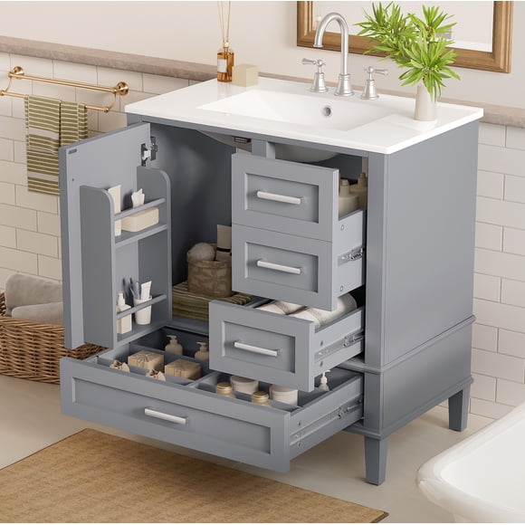 MODERNLUXE 30" Bathroom Vanity with Sink,Freestanding Bathroom Storage Cabinet with 3 Drawers and 1 Soft-Close Door,Undermount Rectangular Ceramic Sink,Easy Assembly,Grey