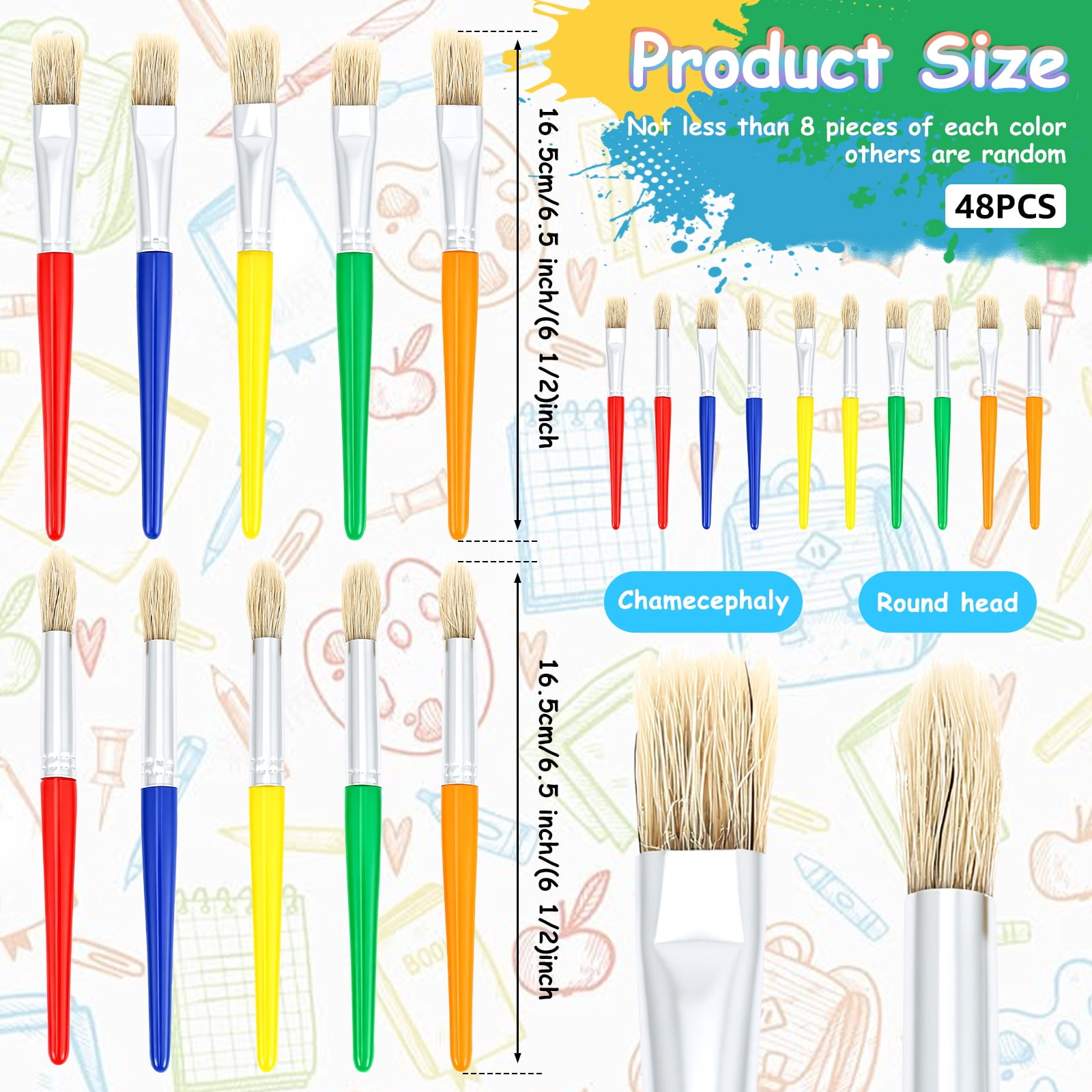 48Pcs Toddler Paint Brushes Set, Large Chubby Round & Flat Brushes with Plastic Handle – for Kids Beginners, Washable & Acrylic Paint Art Supplies