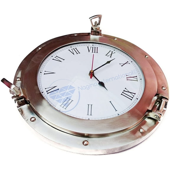 Nagina International 12" Dull Metal Brushed Aluminum Porthole Roman Pirate's Ship Decor Clock