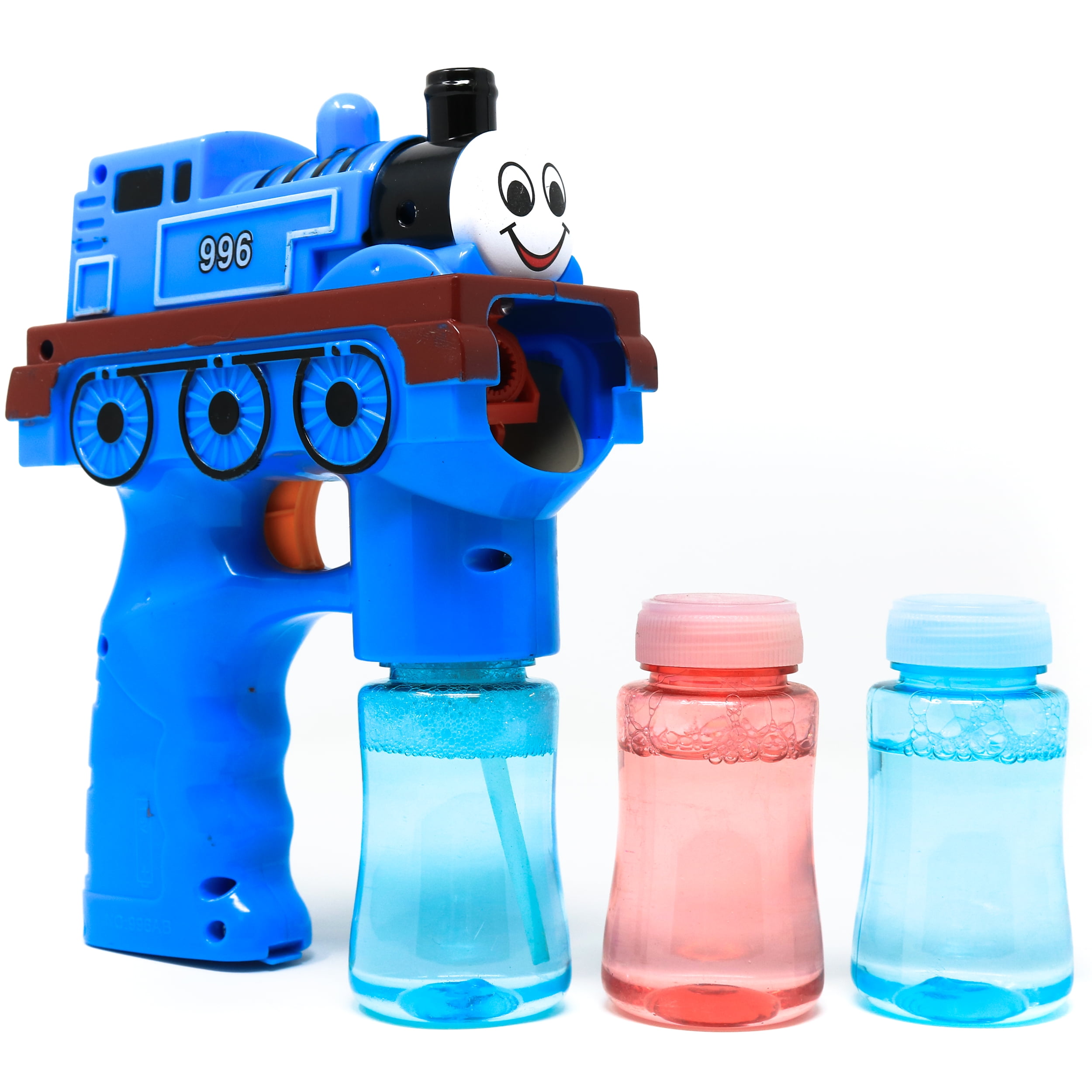 BLUE TRAIN Bubble Gun Blower Blaster with Flashing LED Lights & Music 2 Refill 