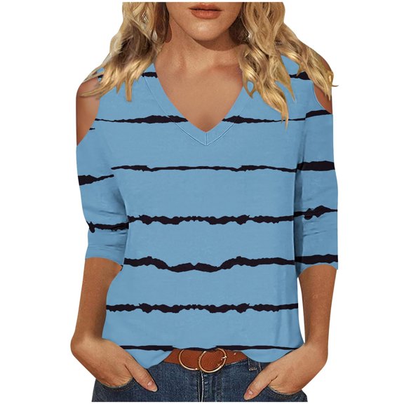 Vivianyo HD Women's Stripe Print Cold Shoulder Top, Straight Cut V Neck Three Quarter Sleeve Blouse, Spring Fall Casual Top for Daily Shopping and Weekend Walks, Sizes S-2XL