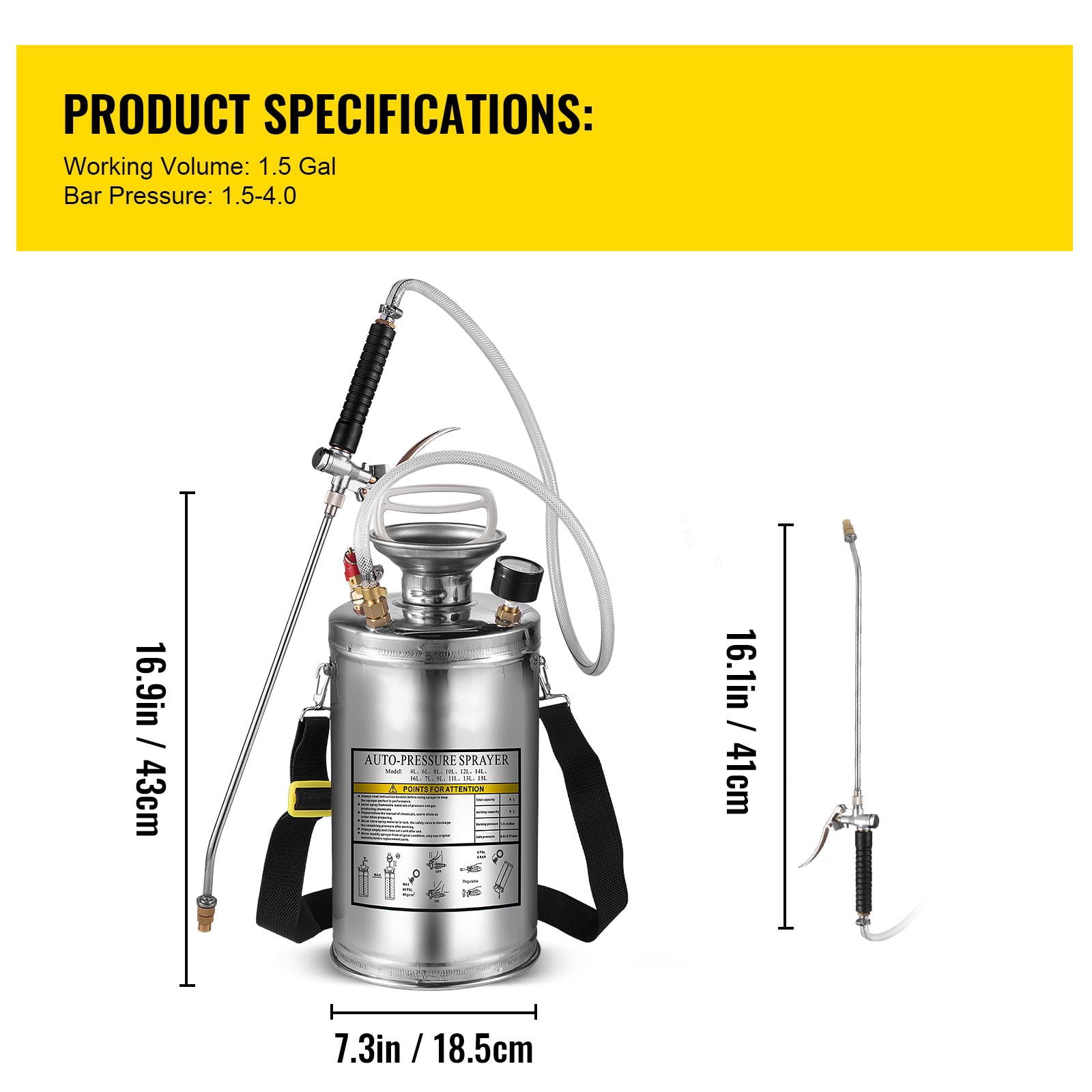 1.5 Gallon Stainless Steel Sprayer, 1.5-4.0 Bar Pressure, Adjustable Brass Nozzle, Pressure Gauge, Shoulder Strap for Garden Cleaning Disinfection