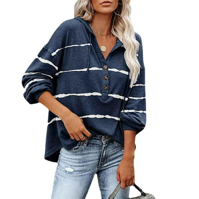 Blusa con estampado de rayas,Blusa de manga larga con cuello en V Tops de manga larga Blusa con botones para mujer Diseño fácil de usar