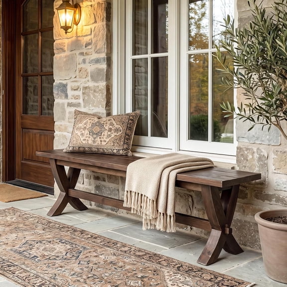 Finmind 59" Solid Wood Entryway Bench, Farmhouse Hallway Shoe Bench with X-Shaped Legs, Dark Brown