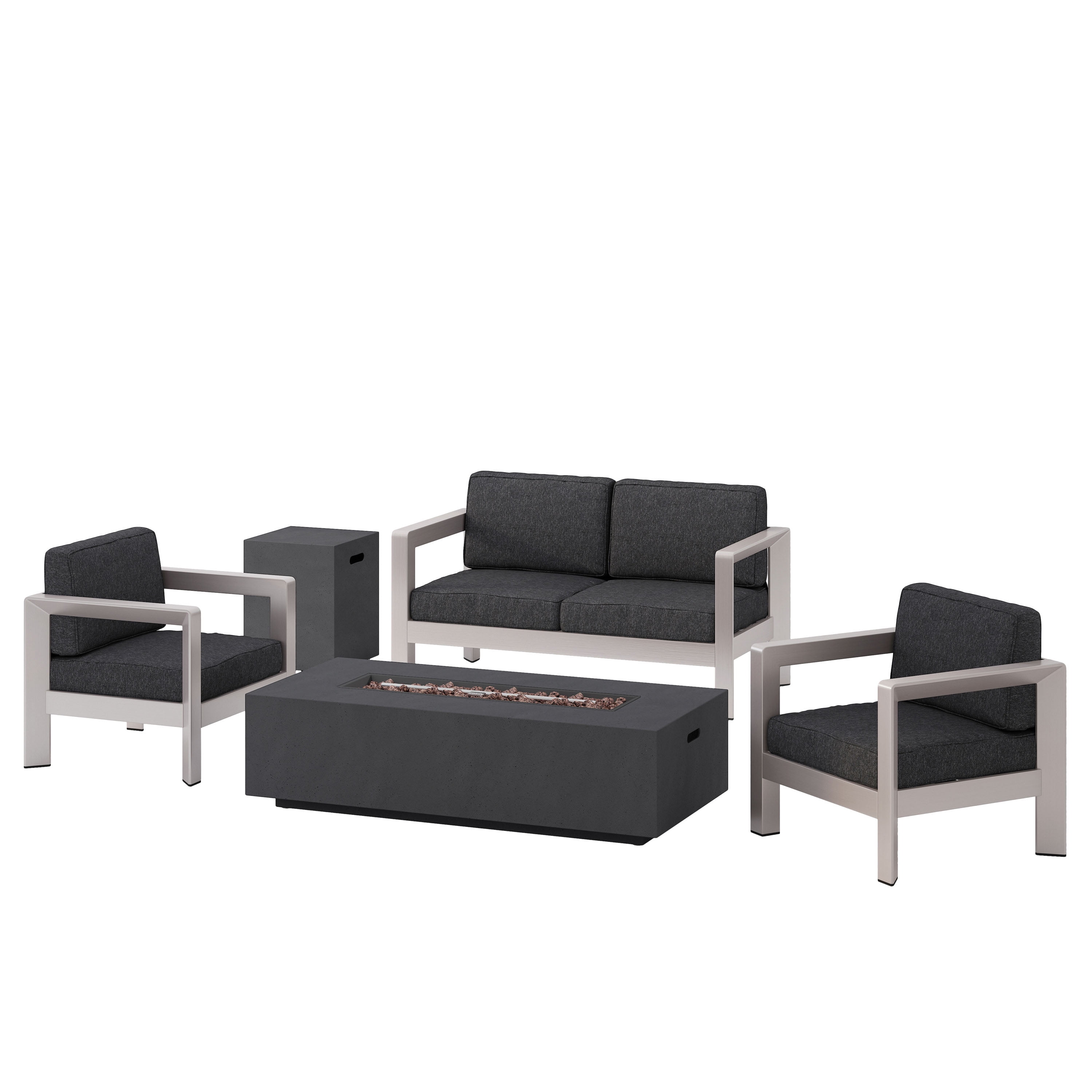 Grace Outdoor 5 Piece Aluminum Chat Set with Fire Pit and Tank Holder, Silver, Dark Gray, Dark Gray
