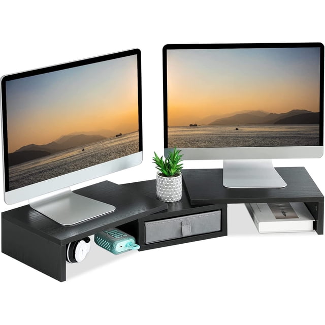 Dual Monitor Stand Riser with Drawer - Length and Angle Adjustable Double Monitor Riser Corner Desk Shelf Organizer Long Monitor Riser for 2 Monitors/Laptop/PC/Screen/TV (Black, 72-94L cm)
