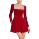 thumbnail image 1 of Vestido Midi Ajustado de Terciopelo para Mujer, Elegante Vestido de Cóctel de Larga con Escote Cuadrado y Dobladillo con Volantes Rojo XL, 1 of 10