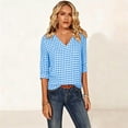 thumbnail image 6 of Edvintorg Womens Tops Plaid Printed V Neck 3/4 Sleeve Loose Casual Shirts Summer Clothes for Women Sky Blue XXL, 6 of 7