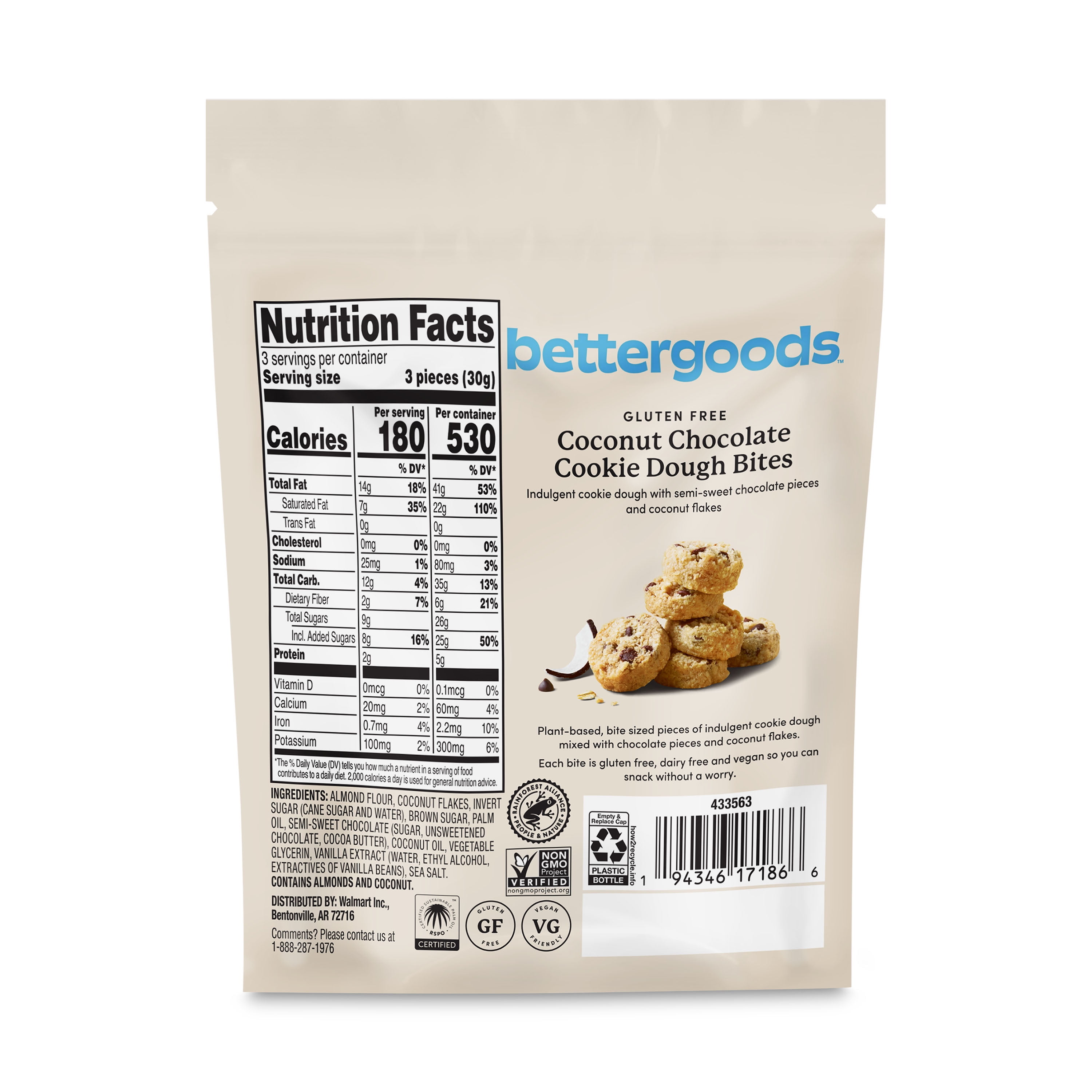 bettergoods Gluten Free Coconut Chocolate Cookie Dough Bites, 3.2 oz