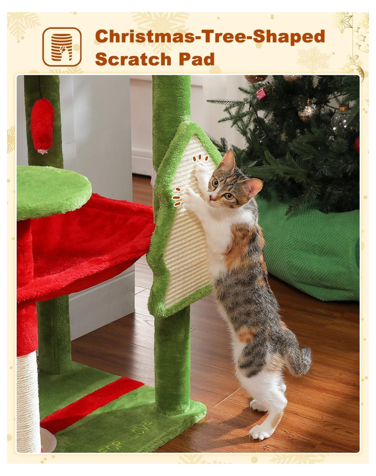 Cat Christmas Tree for Indoor Cats 56.3" - Holiday Cat Tree Tower with Hammock, Scratching Posts & Toys - Festive Red
