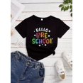 thumbnail image 1 of ”Hello Preschool“ Colorful Letter Print Girls' T-Shirt - Short Sleeve, Crew Neck, Cotton Blend, Casual Summer & Spring Top with Knot Detail, Preschool Shirt, 1 of 6